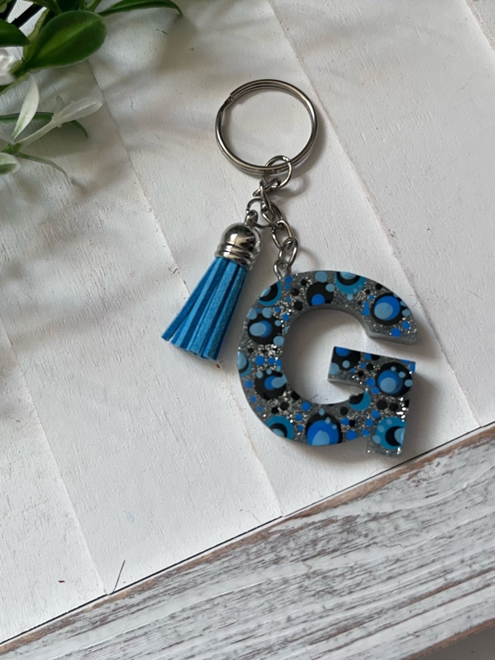 New Blue Patterned 'G' Resin Keychain with Tassel